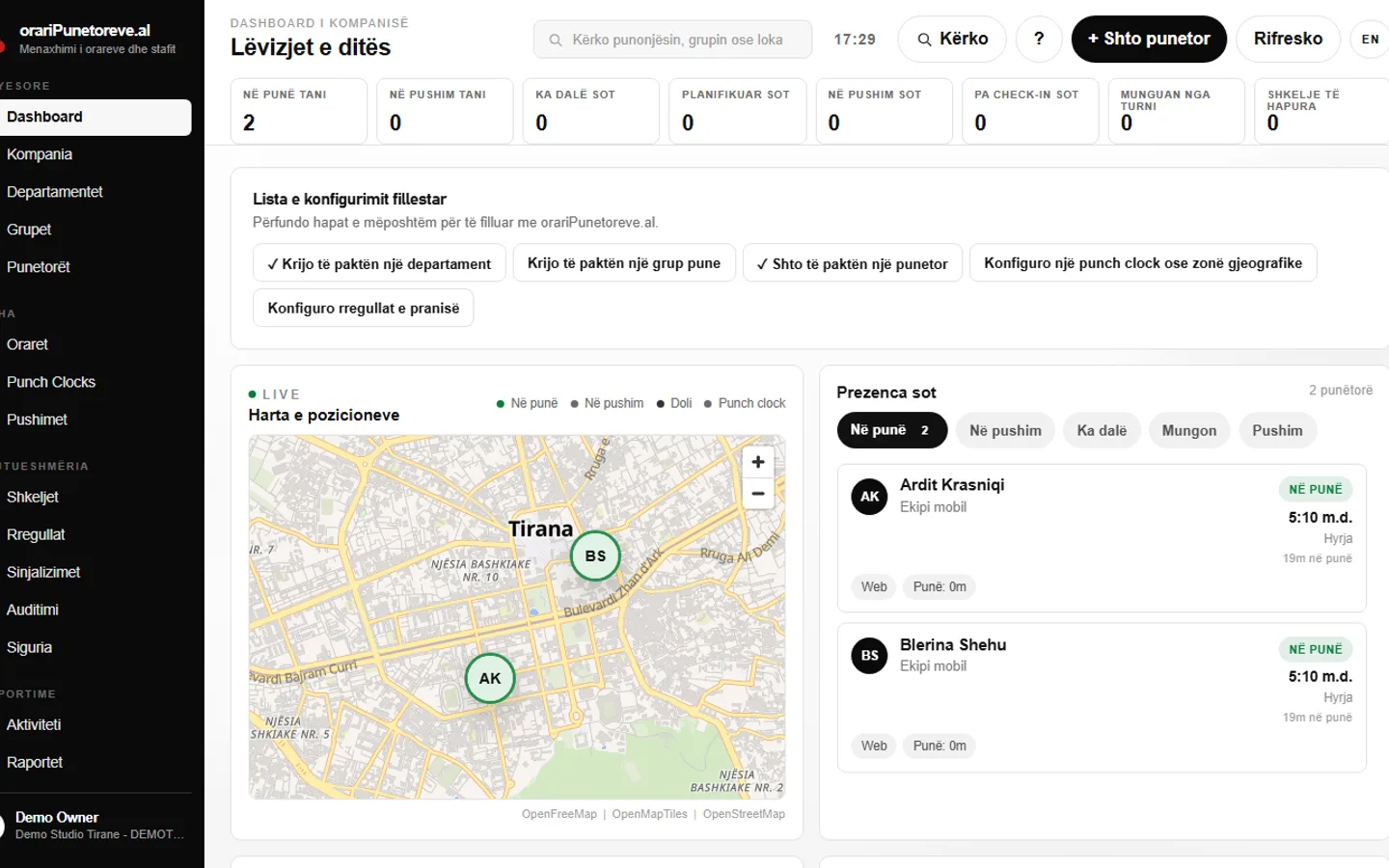 orariPunetoreve.al main dashboard: active worker count, open violations and a live attendance map