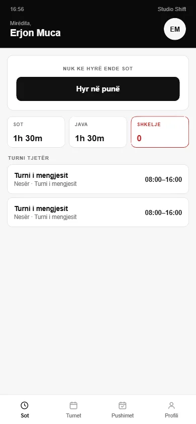 The worker app's main screen with shift status and the clock-in button