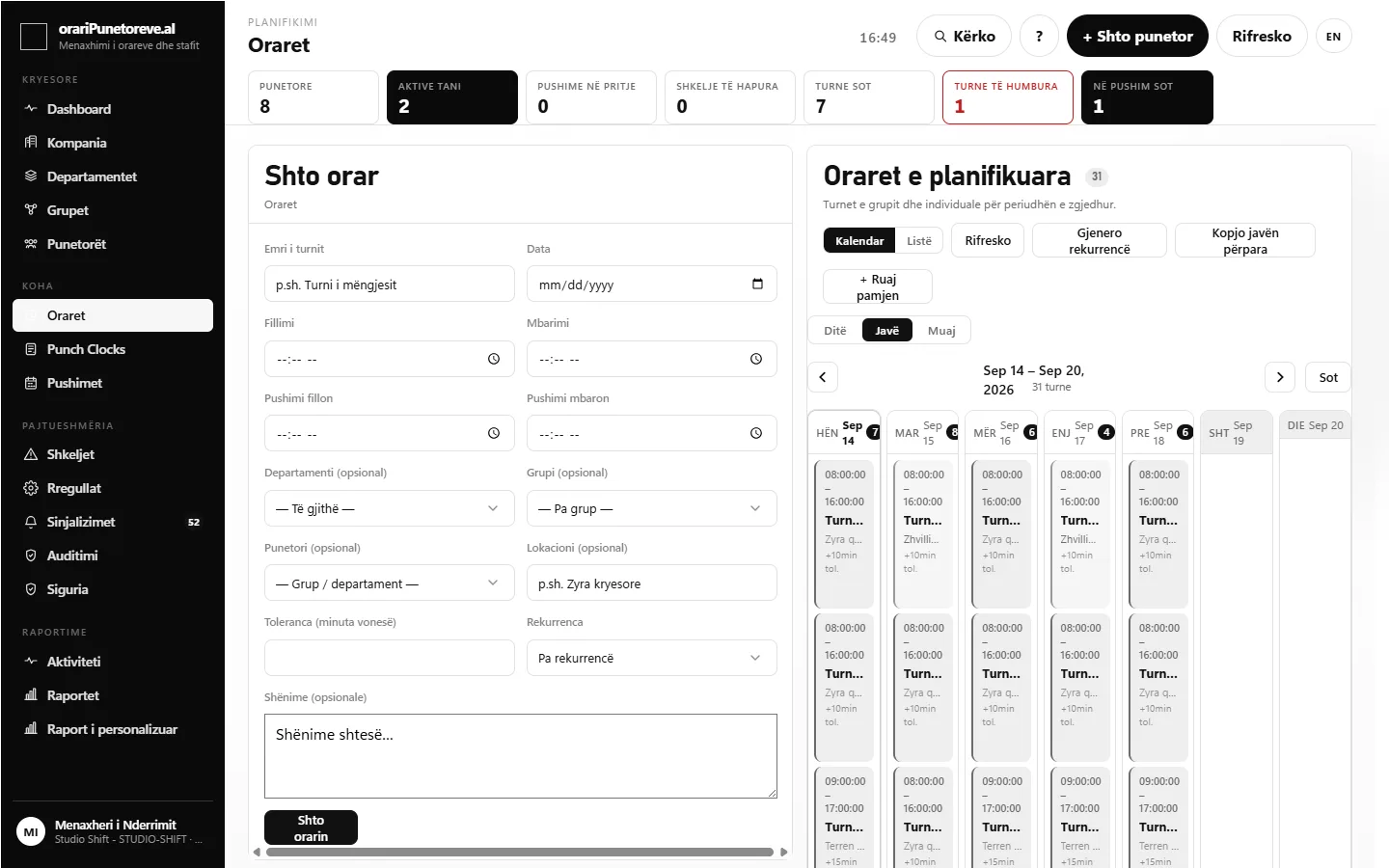 Schedules screen: a weekly calendar with shifts assigned by department and worker