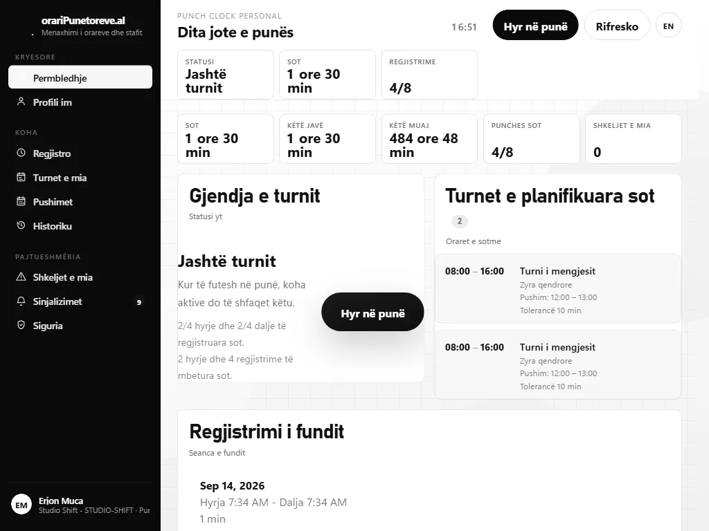 Worker portal: shift status, today's scheduled shifts and the most recent recorded session