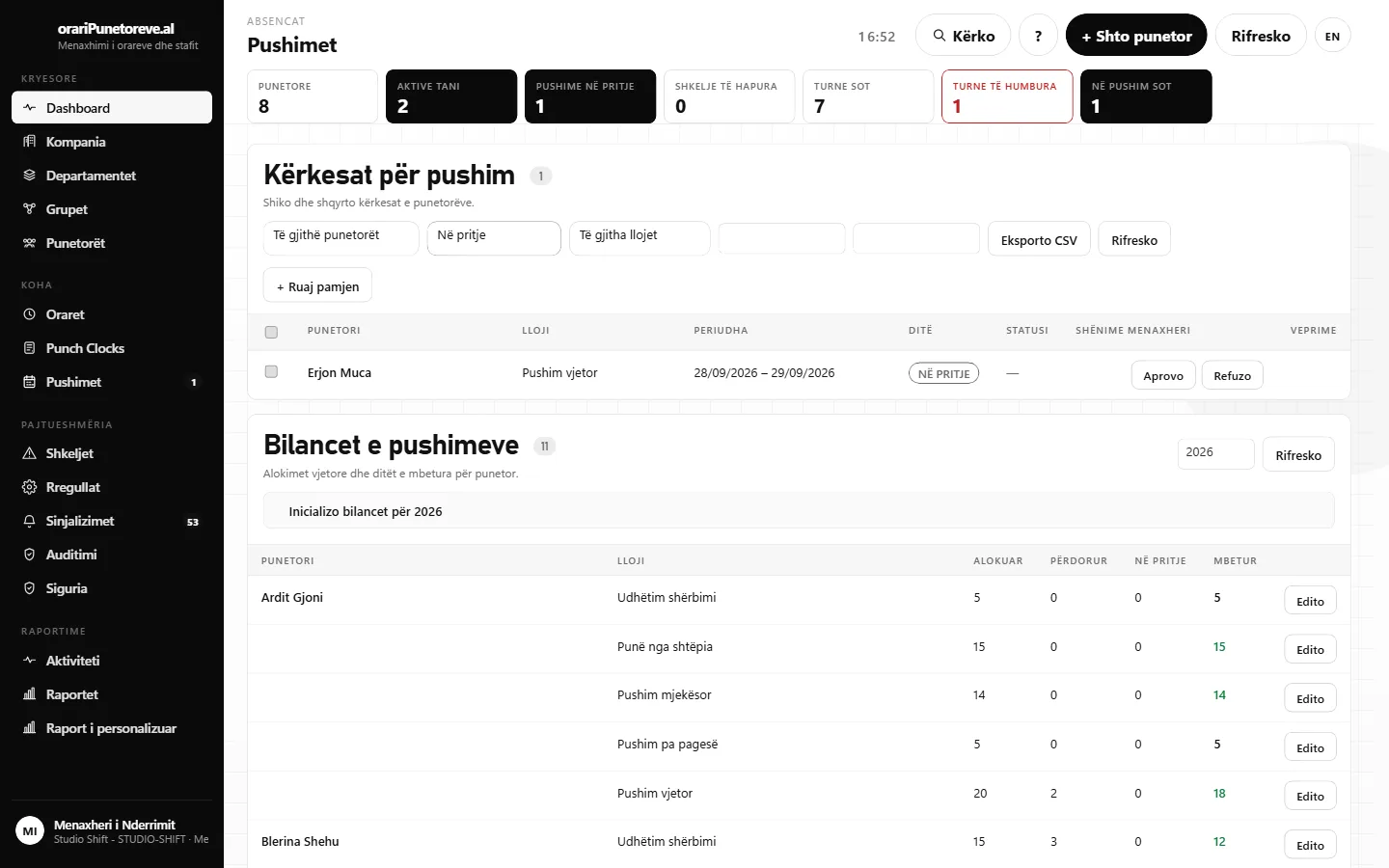 Leave screen: a pending leave request with the worker's balance and an approve button