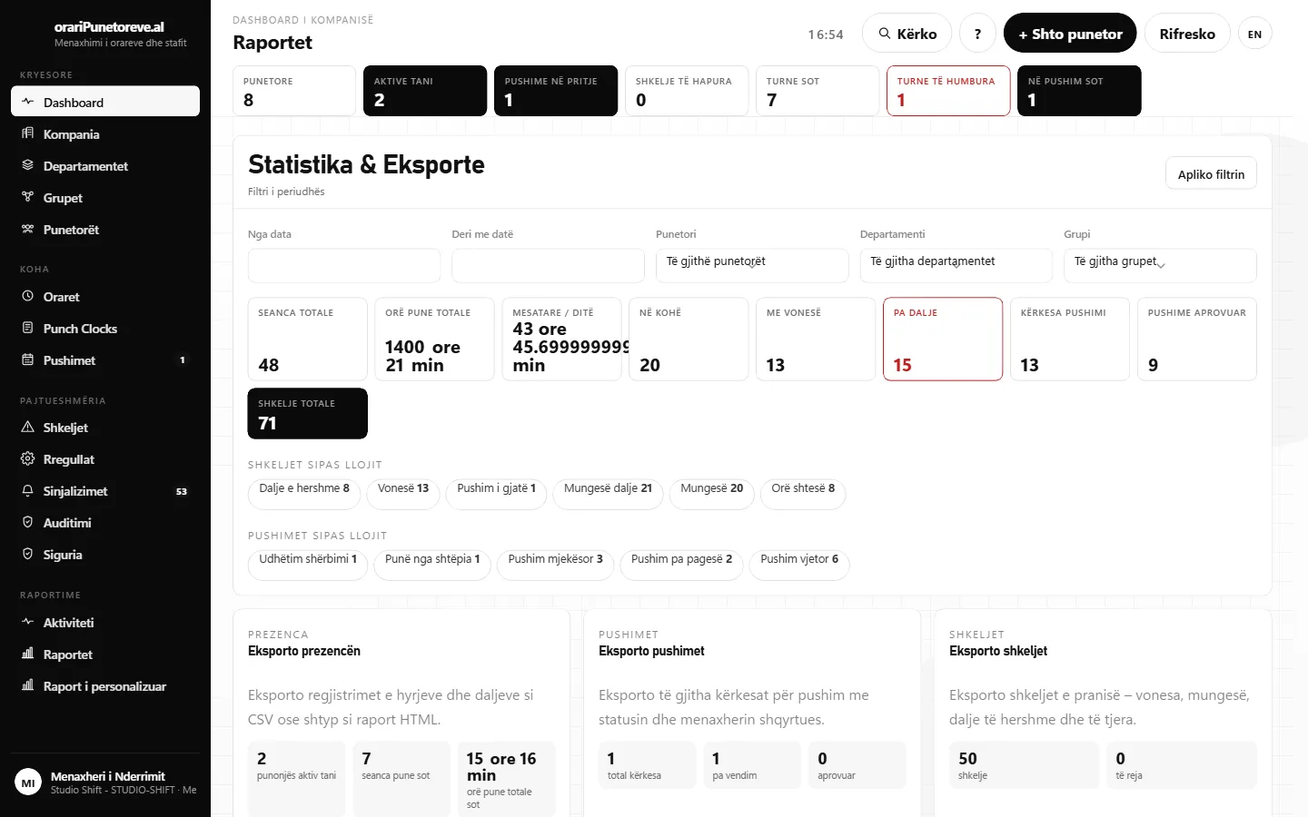 Reports screen: the payroll export card with total hours, overtime and CSV/Excel/PDF download buttons